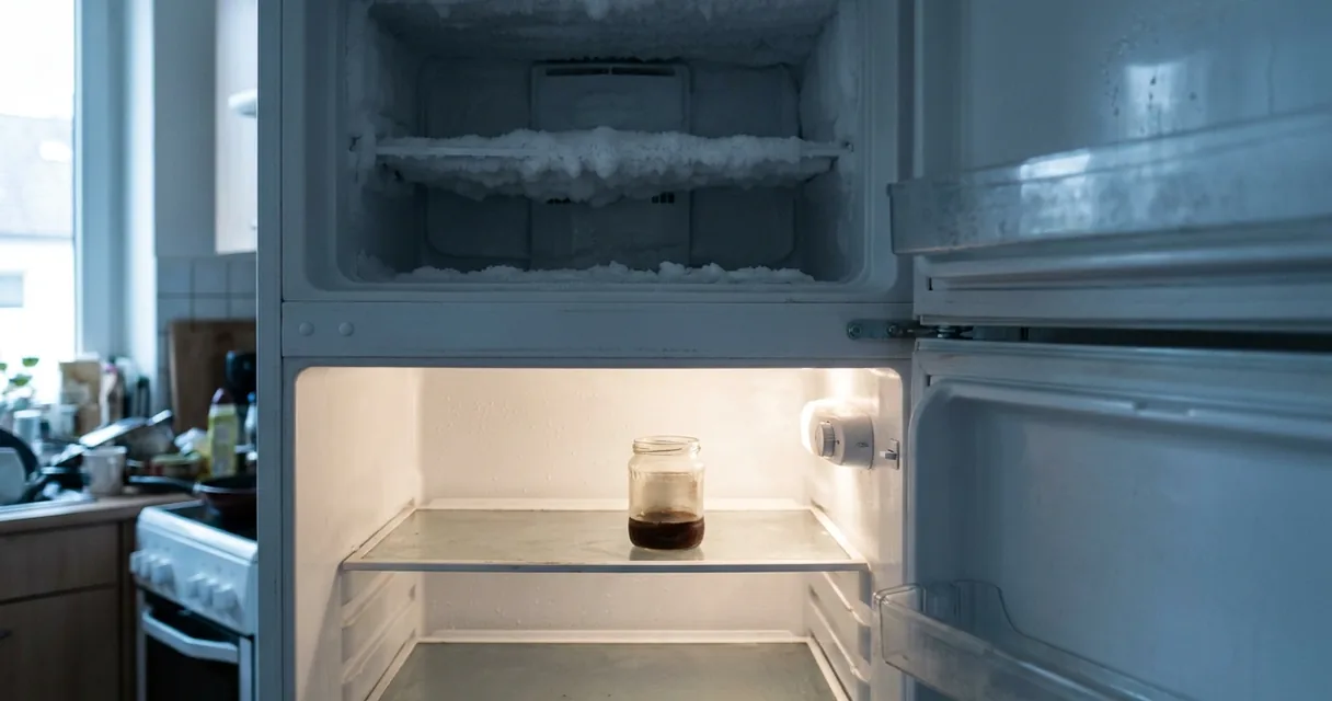 Interior de geladeira quase vazia com acumulo de gelo no fundo do congelador